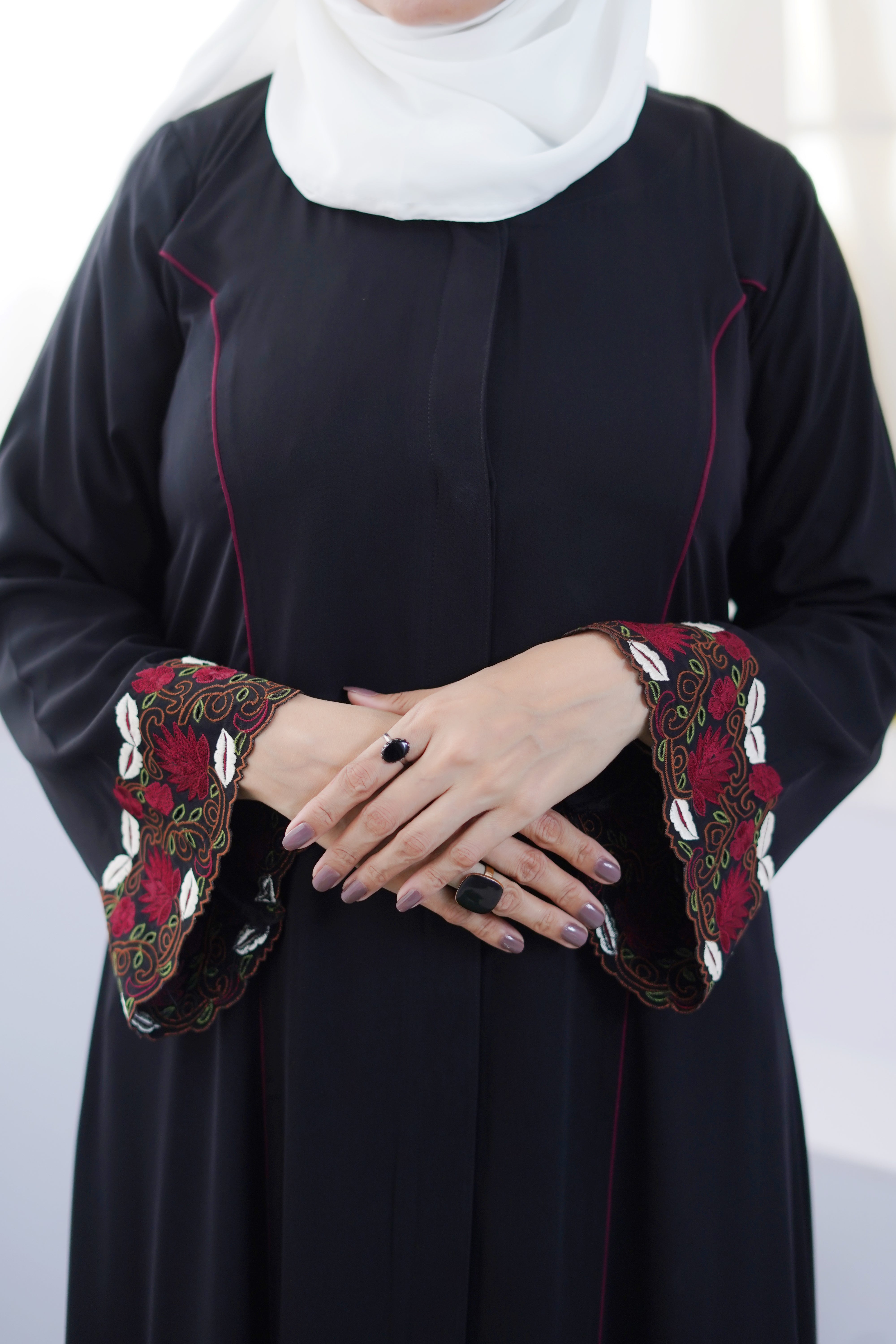 Floral Strip Embroidery – Red Beige